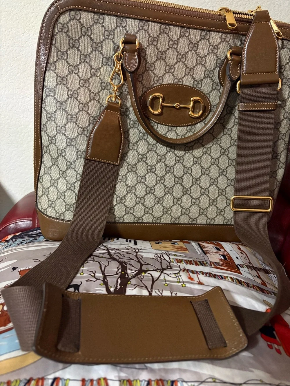 Gucci Beige GG Canvas Laptop Bag with Brown Leather & Gold Horsebit